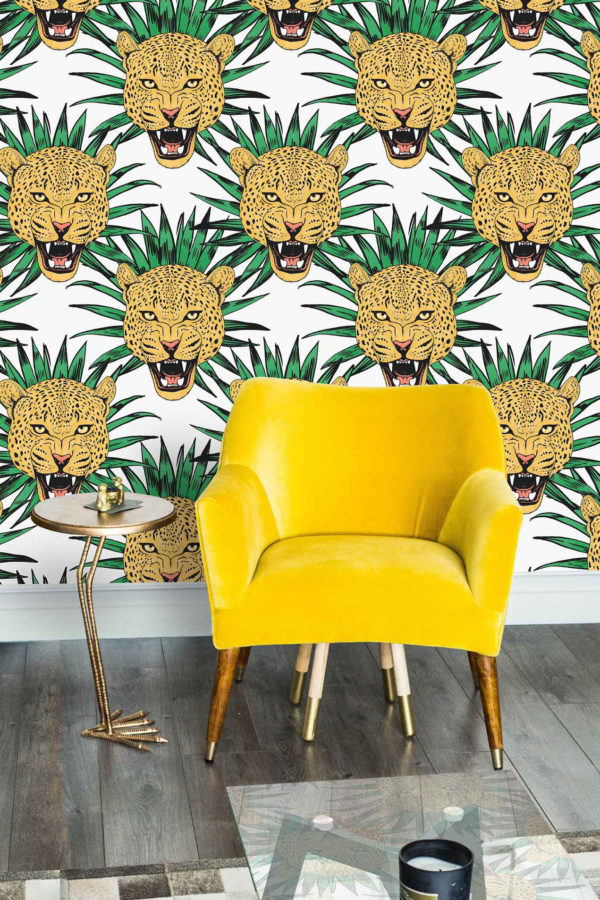 Papel pintado pop de tigres amarillos y verdes N10