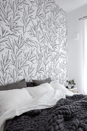 Papel pintado N06 ramas de olivo dormitorio minimalista en blanco y negro