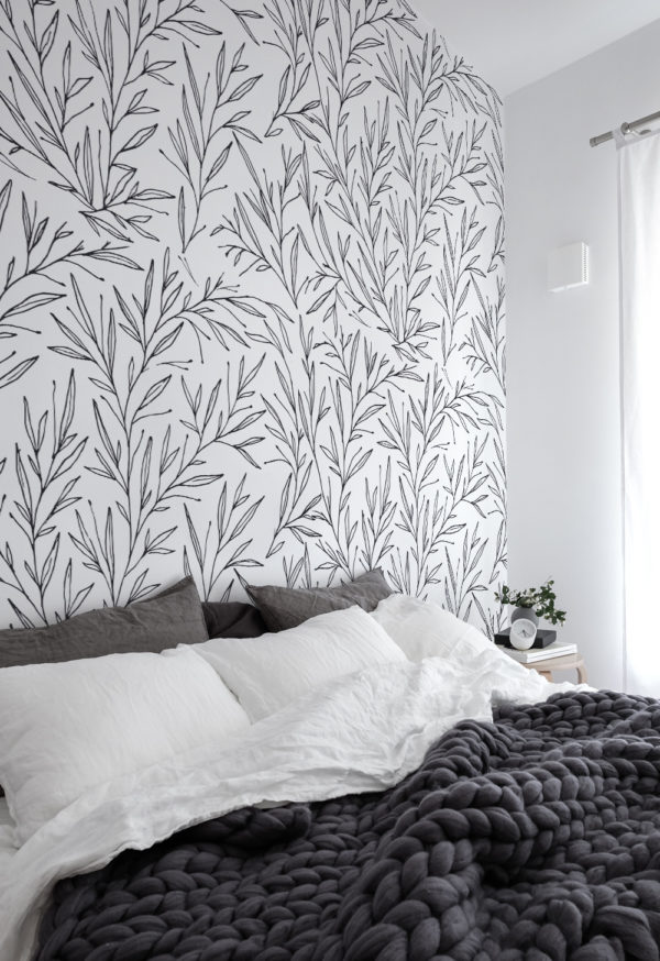 Papel pintado N06 ramas de olivo dormitorio minimalista en blanco y negro