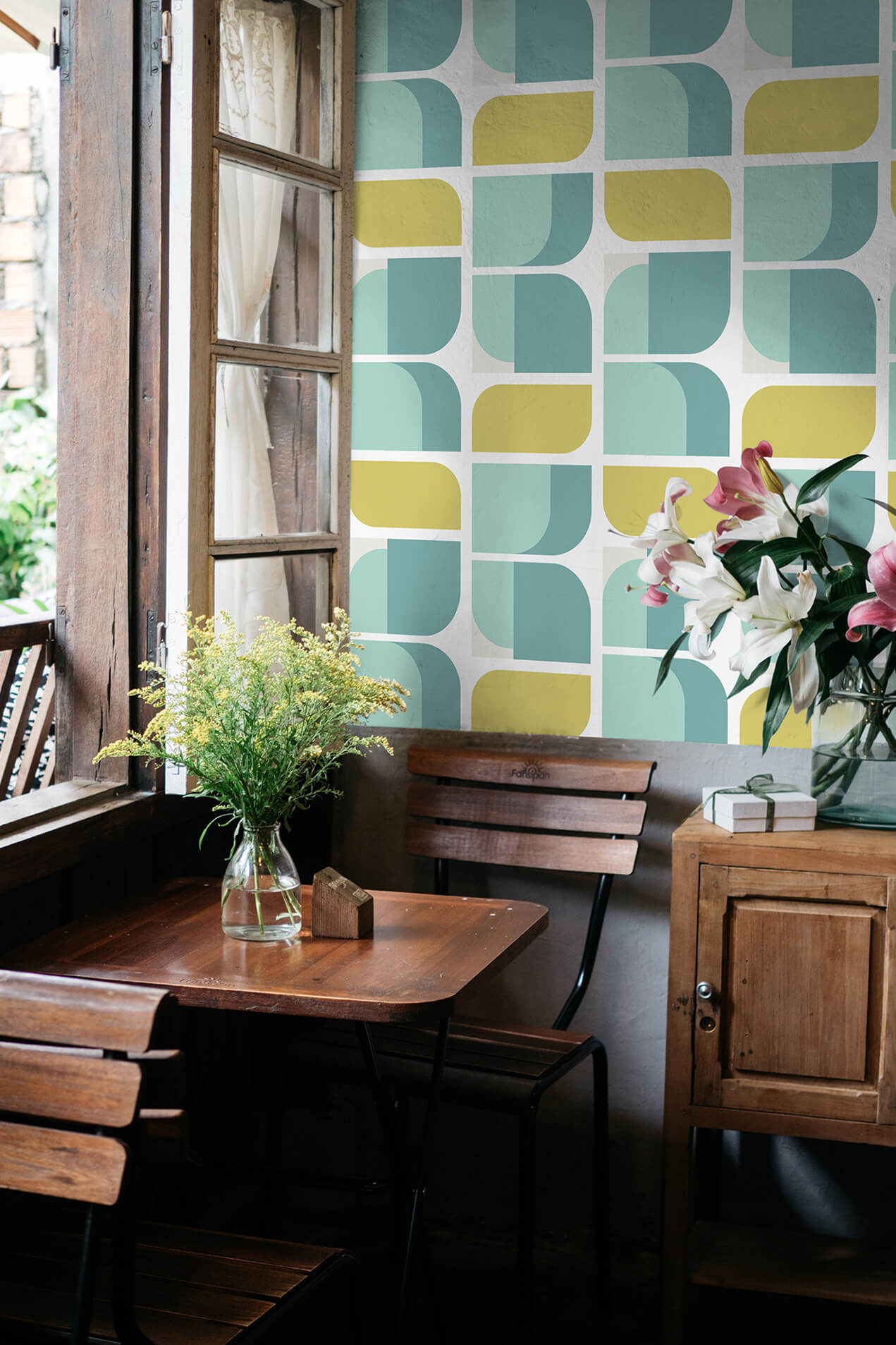 Papier peint - N34 espaces publics retro vert bleu