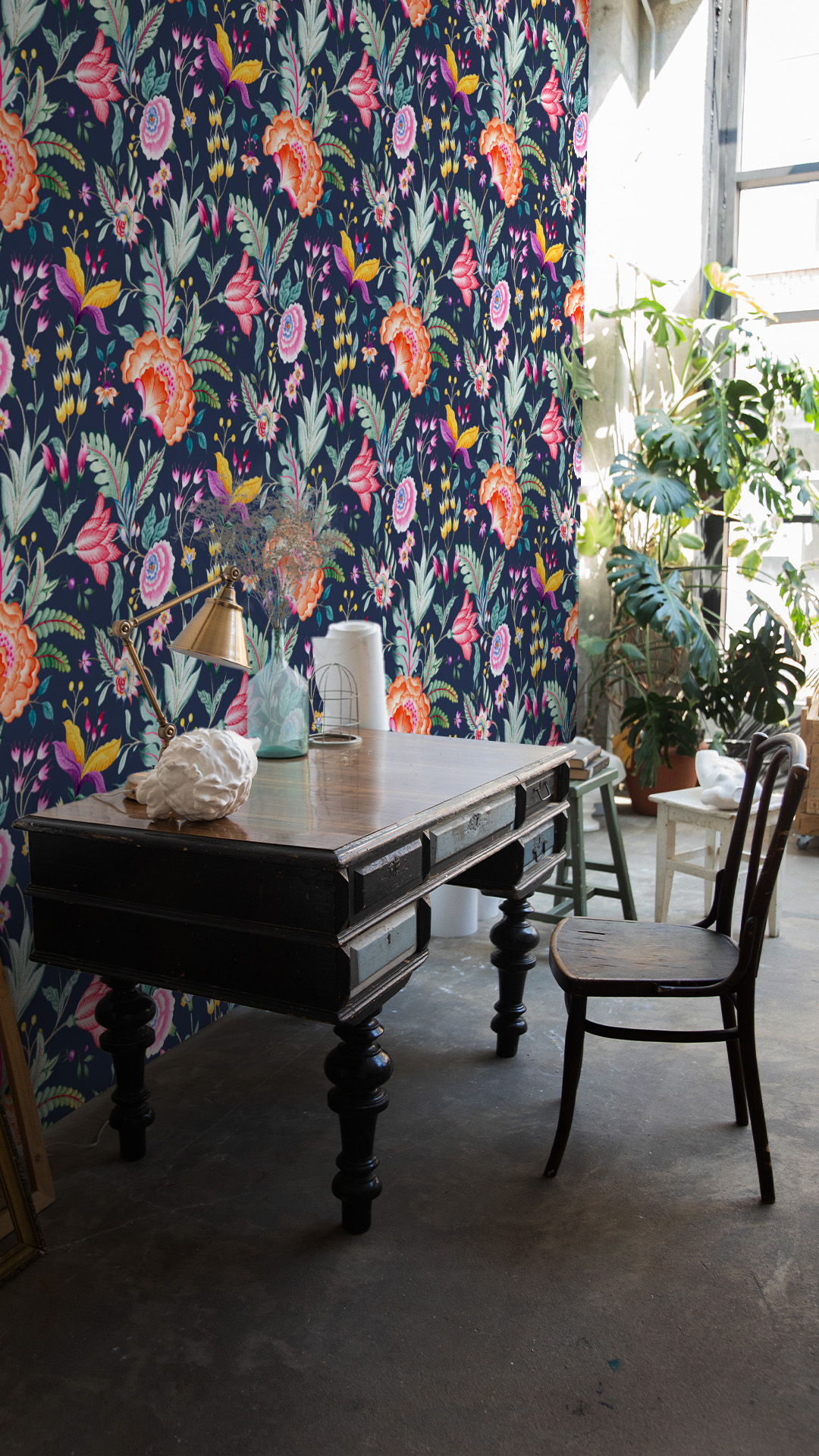 papier peint bureau fleurs vintage en bouquet bleu