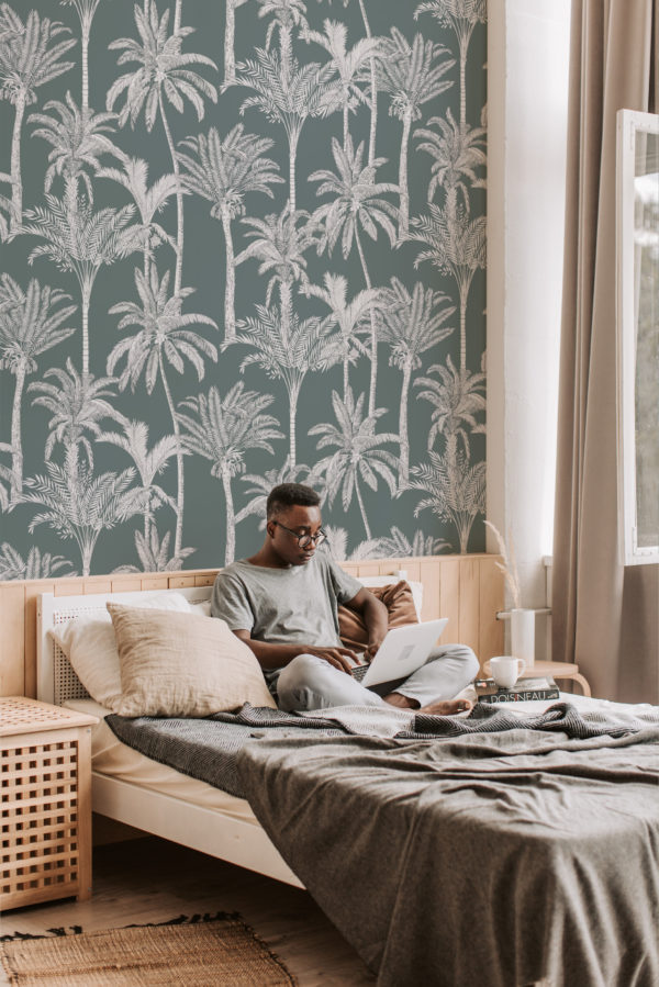 Papel pintado de habitación con palmeras verdes y blancas N42