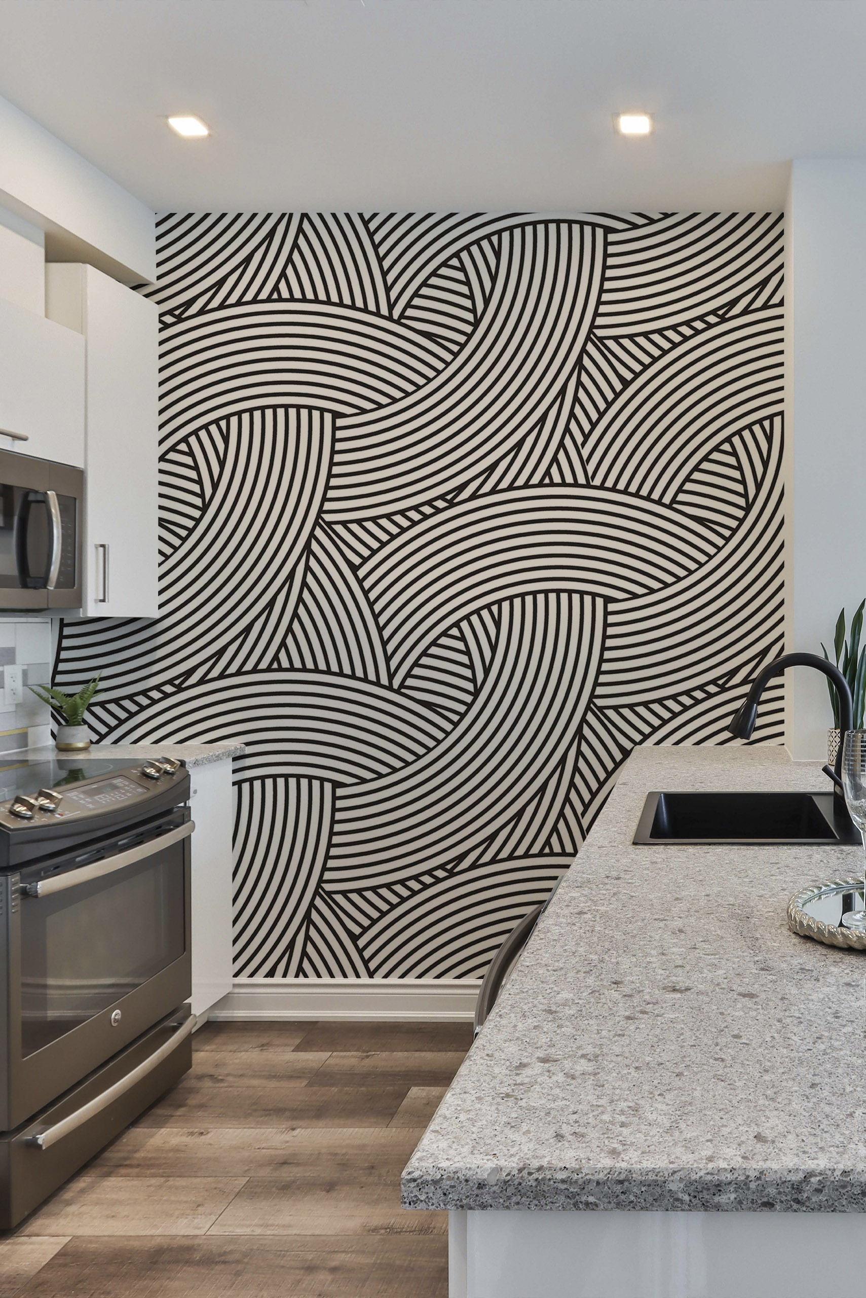 N45 Modern Lines Black and White Kitchen Wallpaper