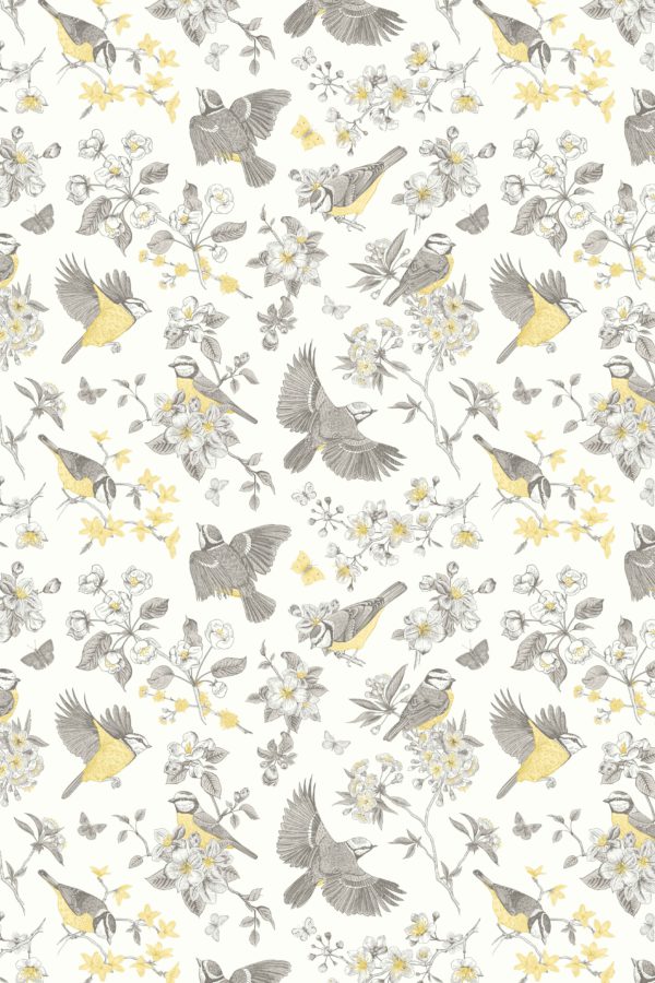 papel pintado n50 amarillo gris vegetal pájaros vintage retro
