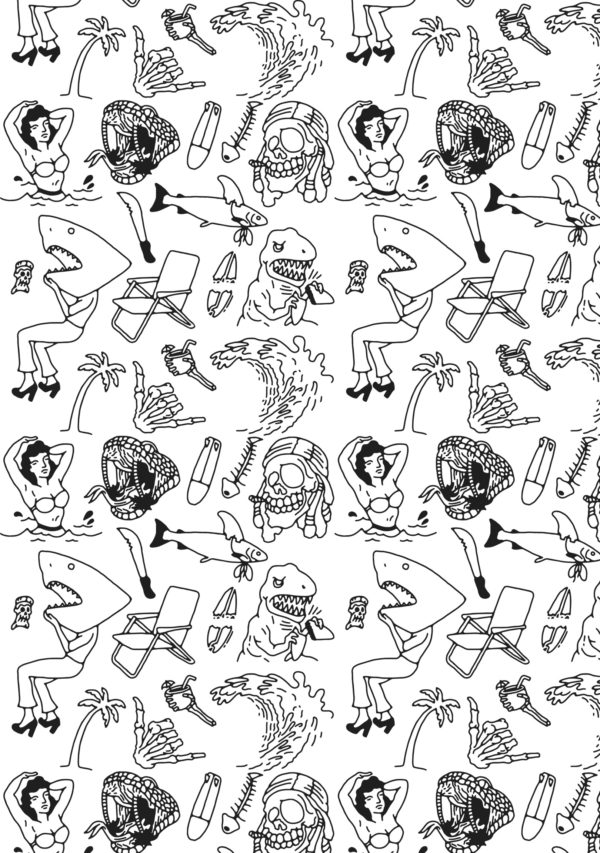 papel pintado n88 flash tattoo blanco y negro surf fun pattern