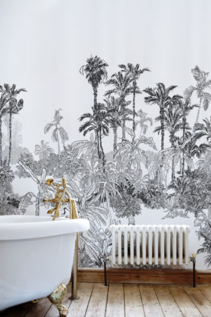 papel pintado n90 baño panorámico tropical blanco y negro