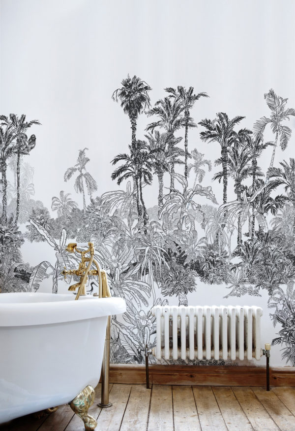 papel pintado n90 baño panorámico tropical blanco y negro