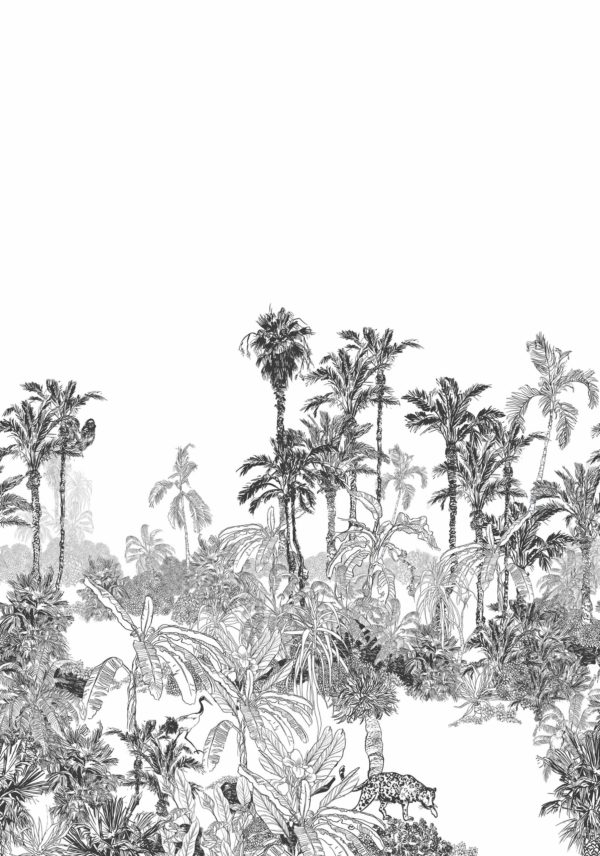 papel pintado n90 panorámico tropical en blanco y negro