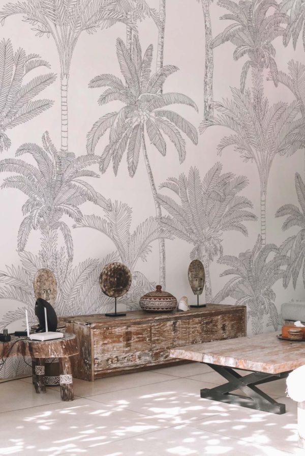 papel pintado n60 espacios públicos palmera sobre fondo blanco sala de estar