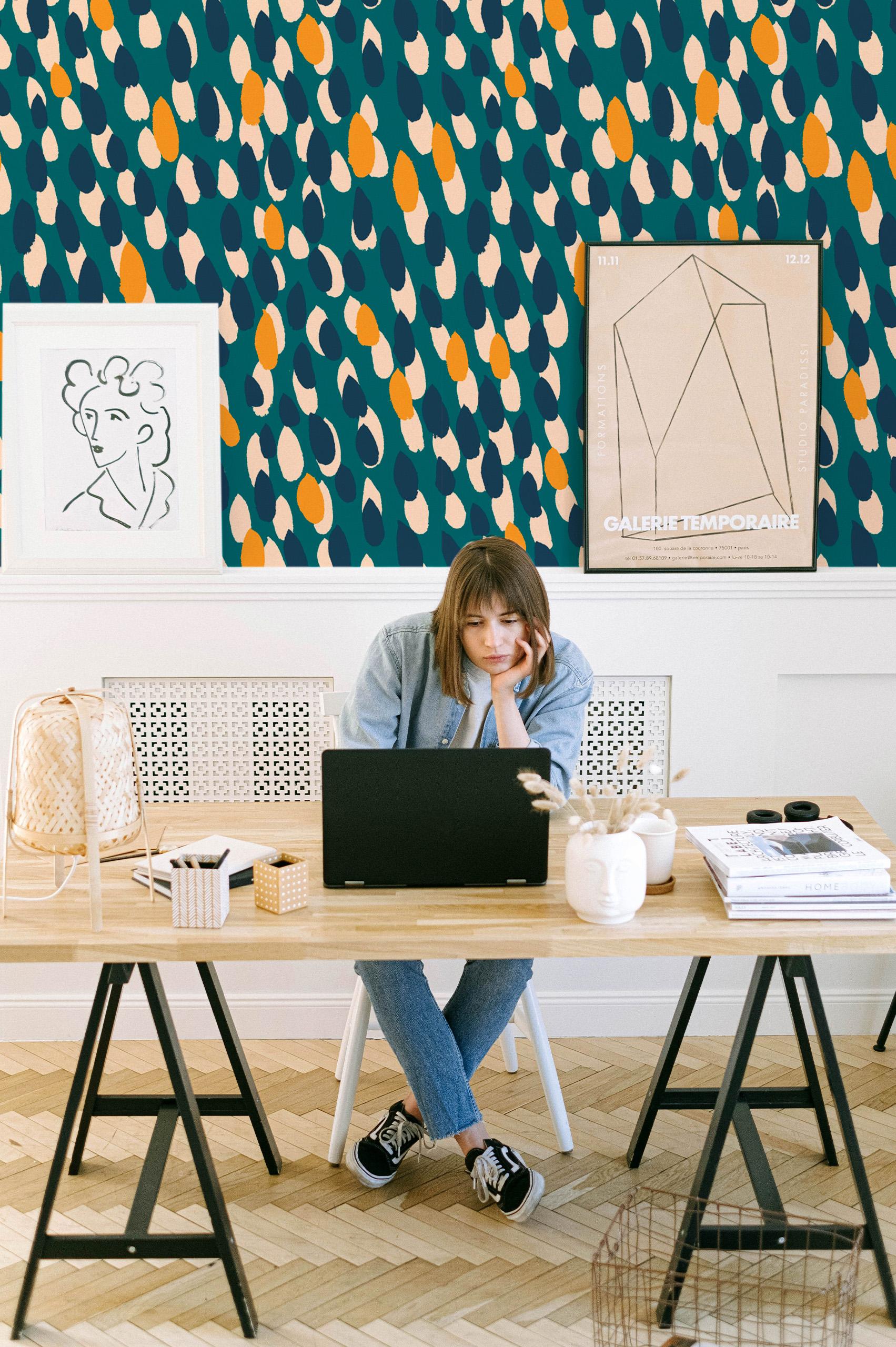 N74 Retro Office Wallpaper Blue Yellow White N74 Retro Office Wallpaper Blue Yellow White