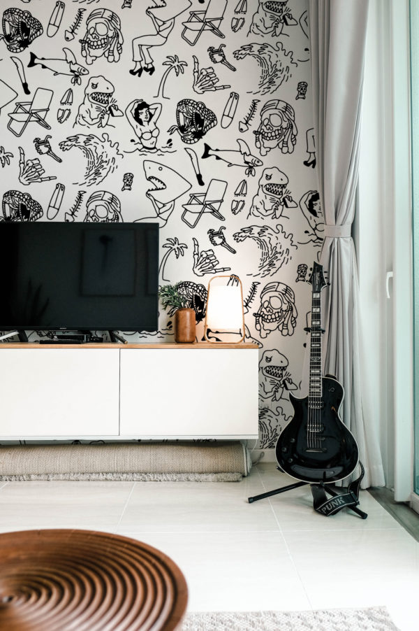 papel pintado n88 flash tattoo blanco y negro surf fun tv lounge