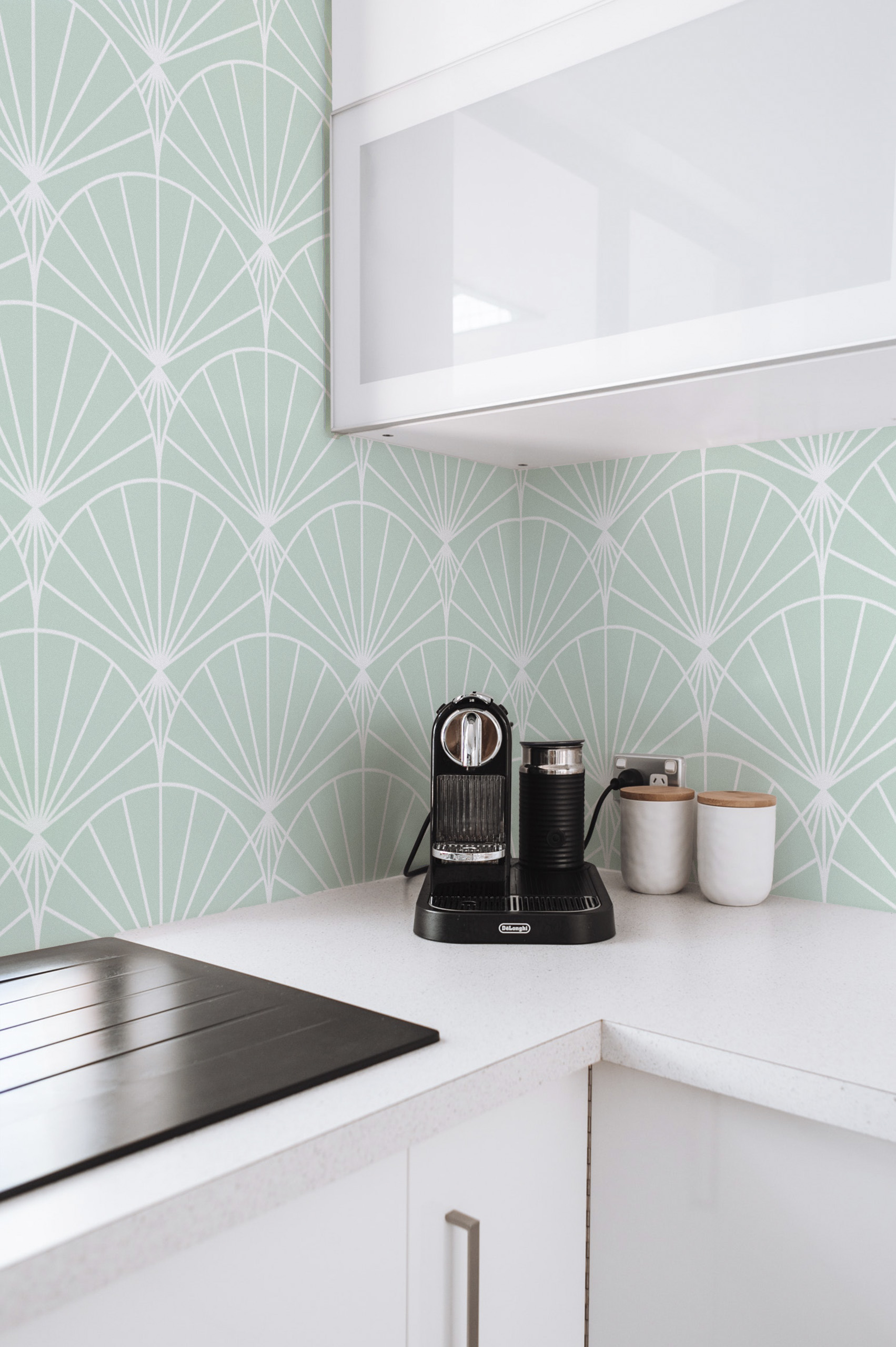 Papier peint éventails japonais verts turquoise