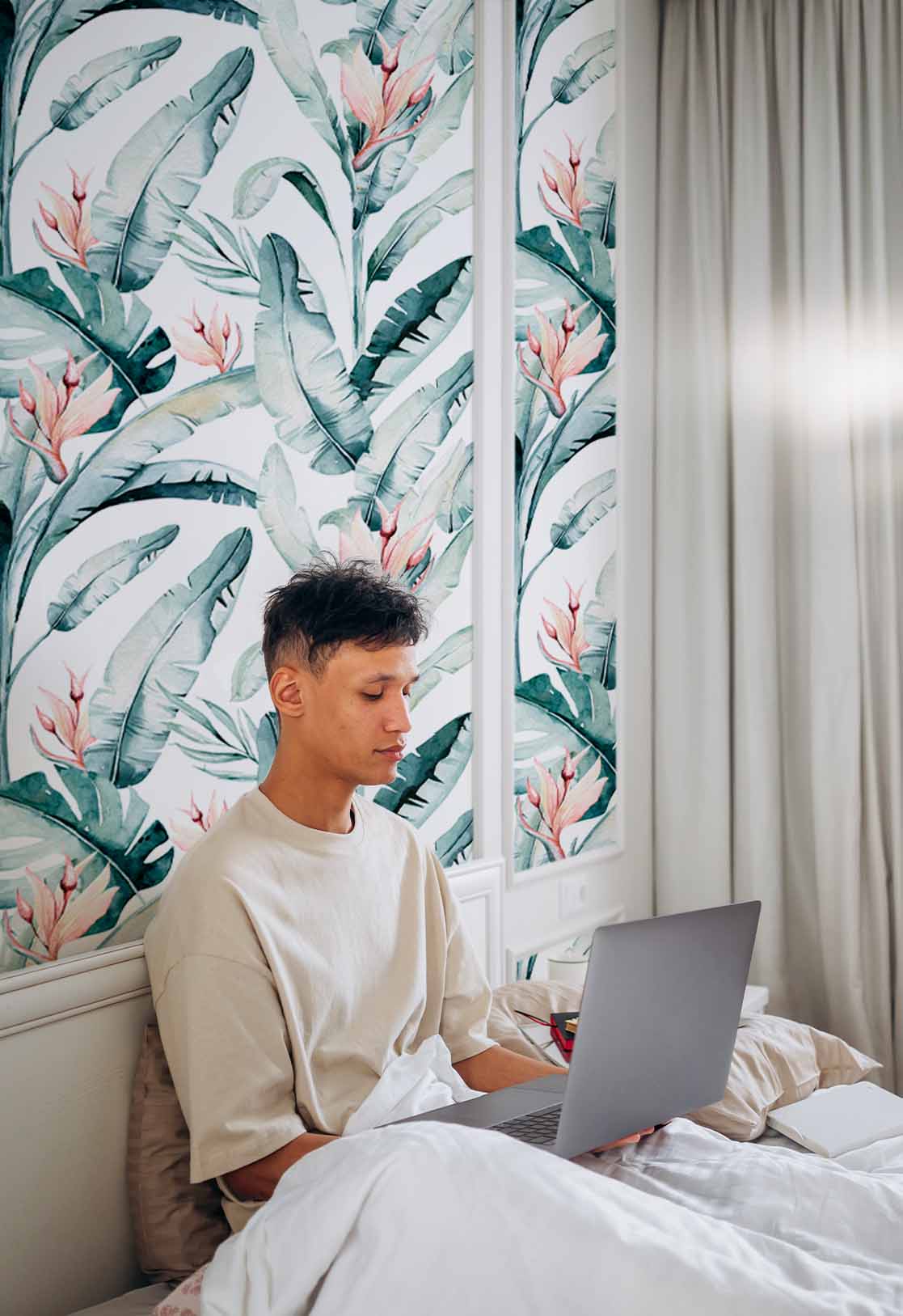 papier peint n97 plantes élégantes oiseaux du paradis aquarelle chambre