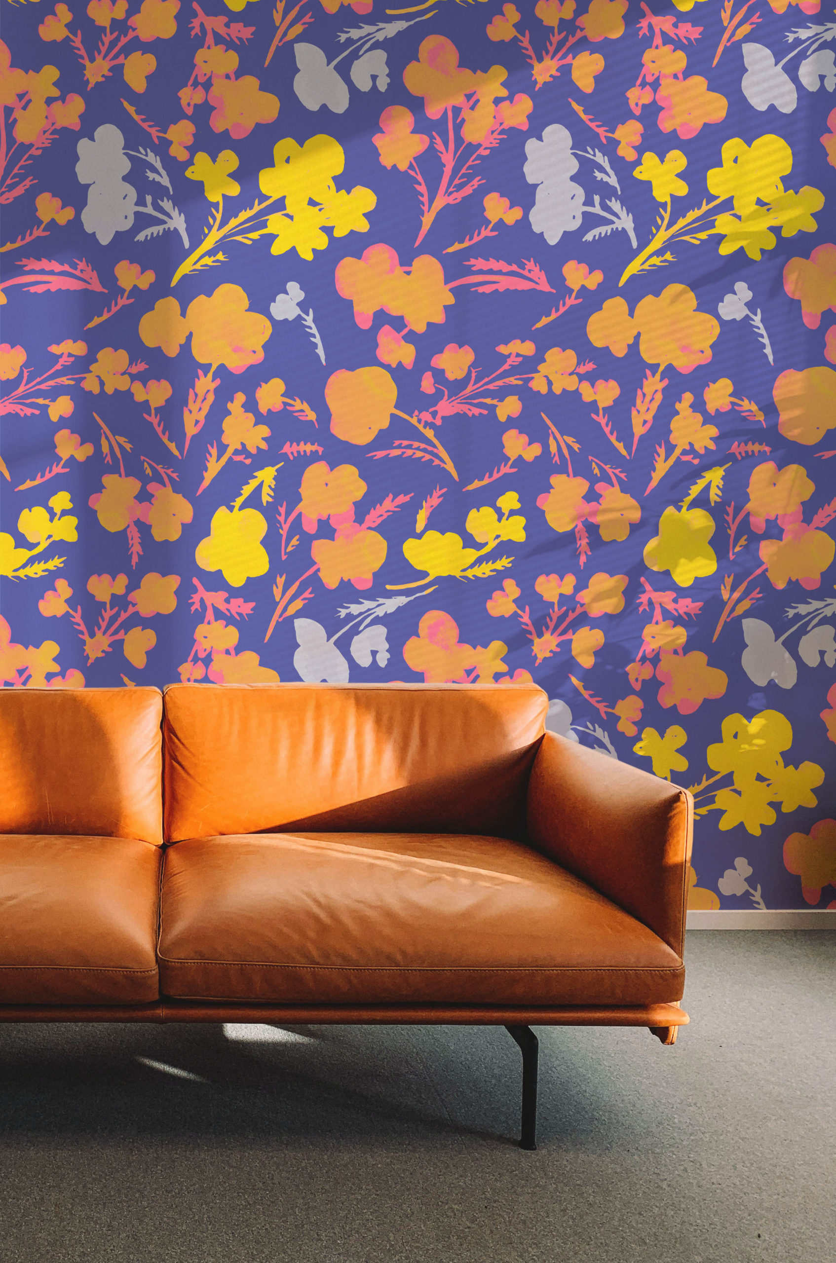 papier peint n68 fleurs rétro violet pop salon