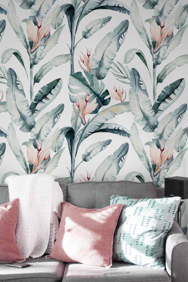 papel pintado n97 elegantes plantas aves del paraíso acuarela sala de estar