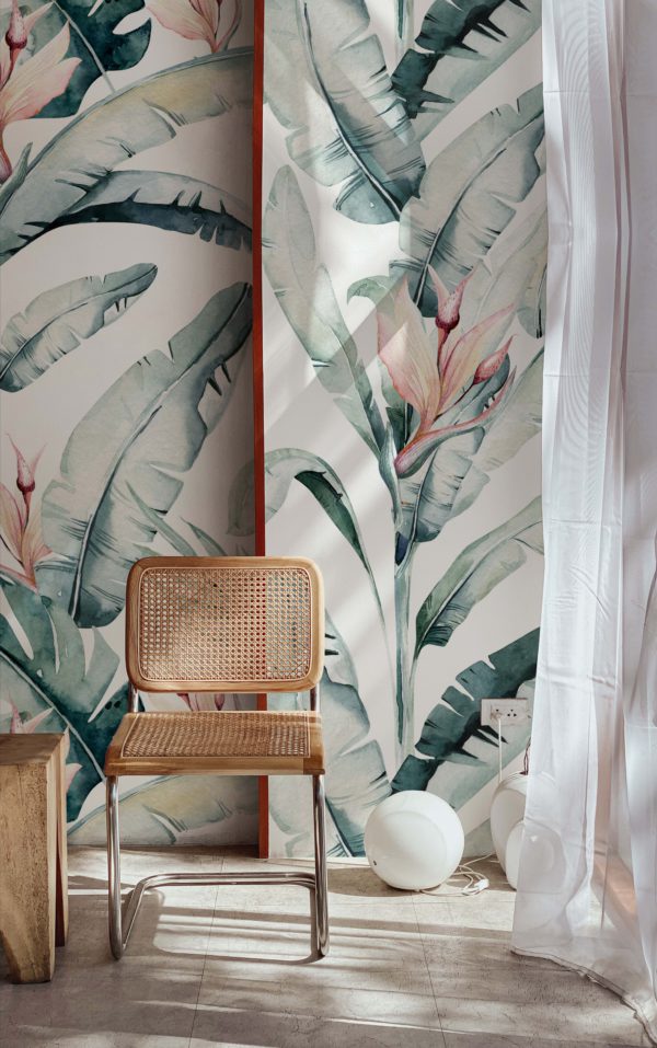 papel pintado n97 elegantes plantas aves del paraíso acuarela silla de la sala de estar