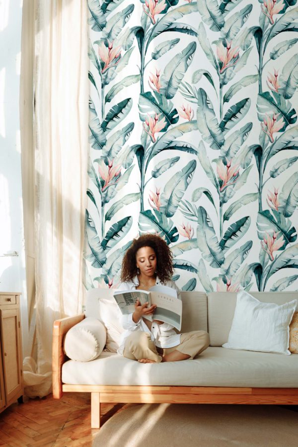 papel pintado n97 elegantes plantas aves del paraíso acuarela sofá de la sala de estar