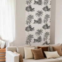 papel pintado n108 toile de jouy vegetación de tigre salón blanco y negro