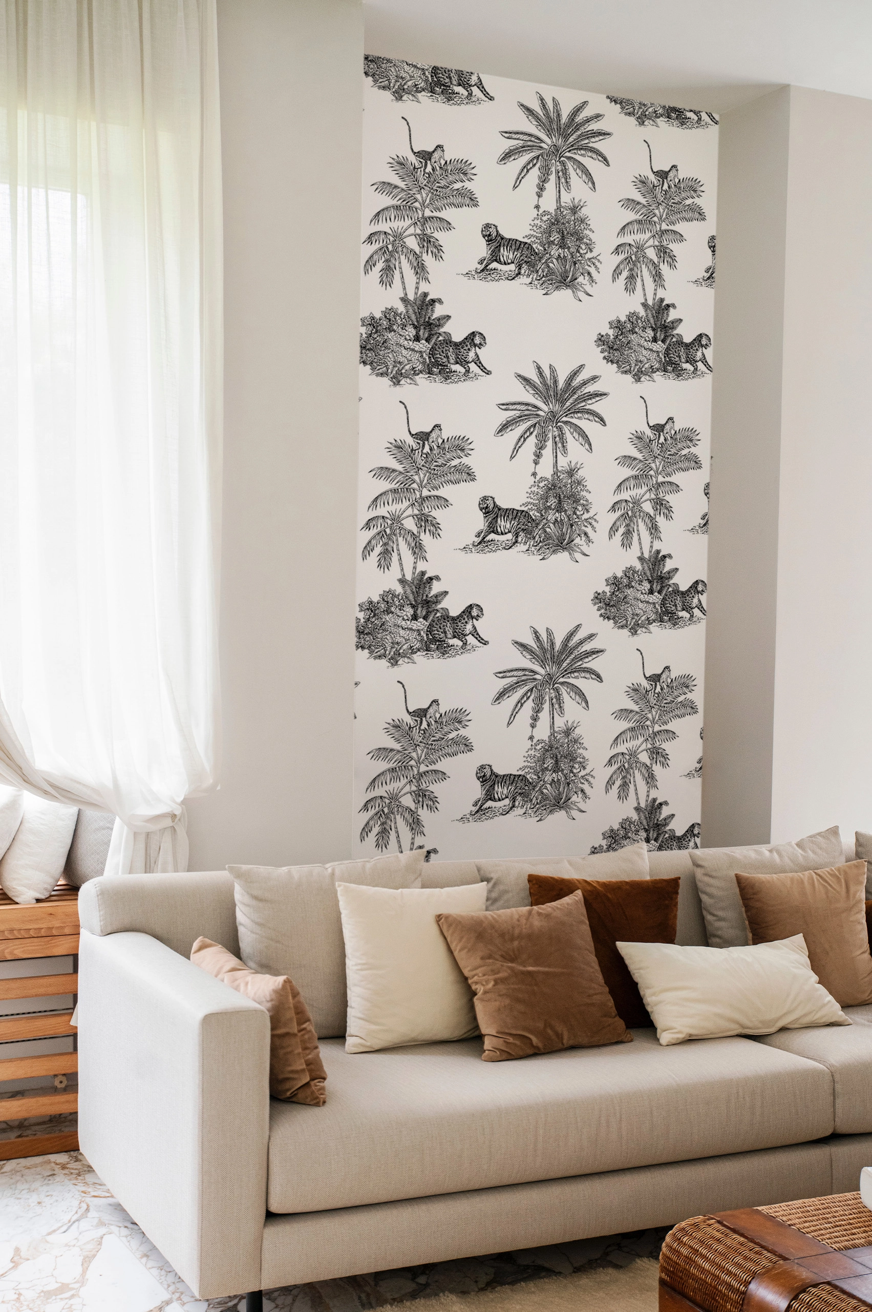 Wallpaper N108 Toile de Jouy Tiger Vegetation Black and White Living Room