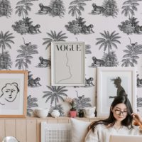 papel pintado n108 toile de jouy vegetación de tigre habitación blanco y negro
