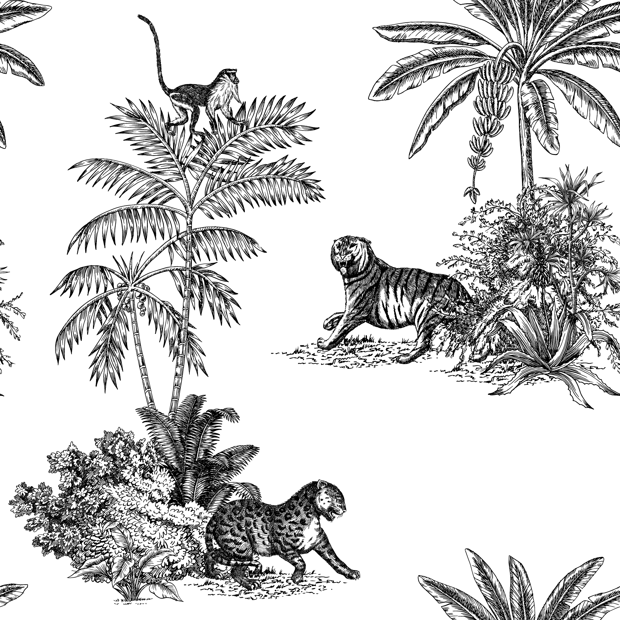 Wallpaper N108 Toile de Jouy Tiger Vegetation Black and White Pattern