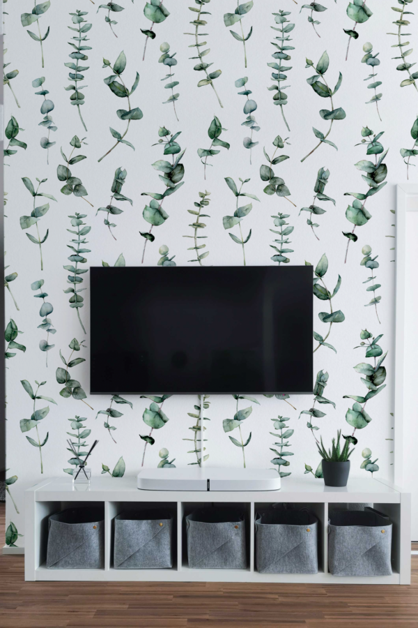 papel pintado n131 hojas verdes eucalipto acuarela sala de tv