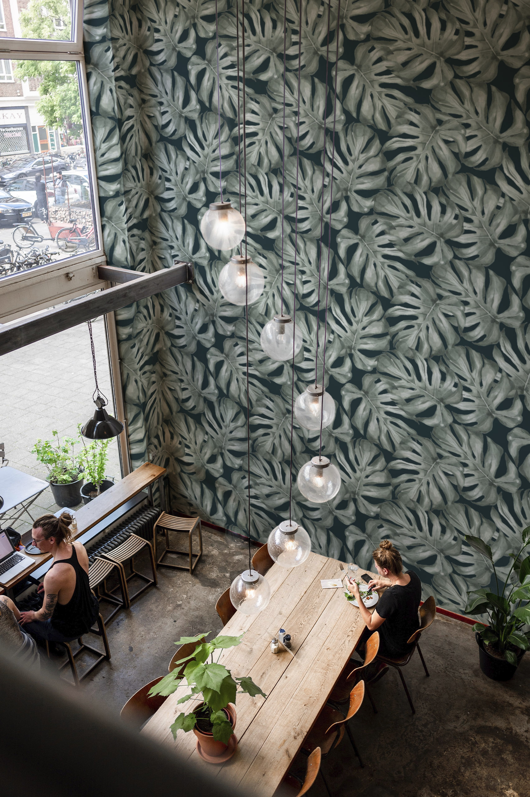 Papier peint n132 feuilles tropicales aquarelle fond vert espace public