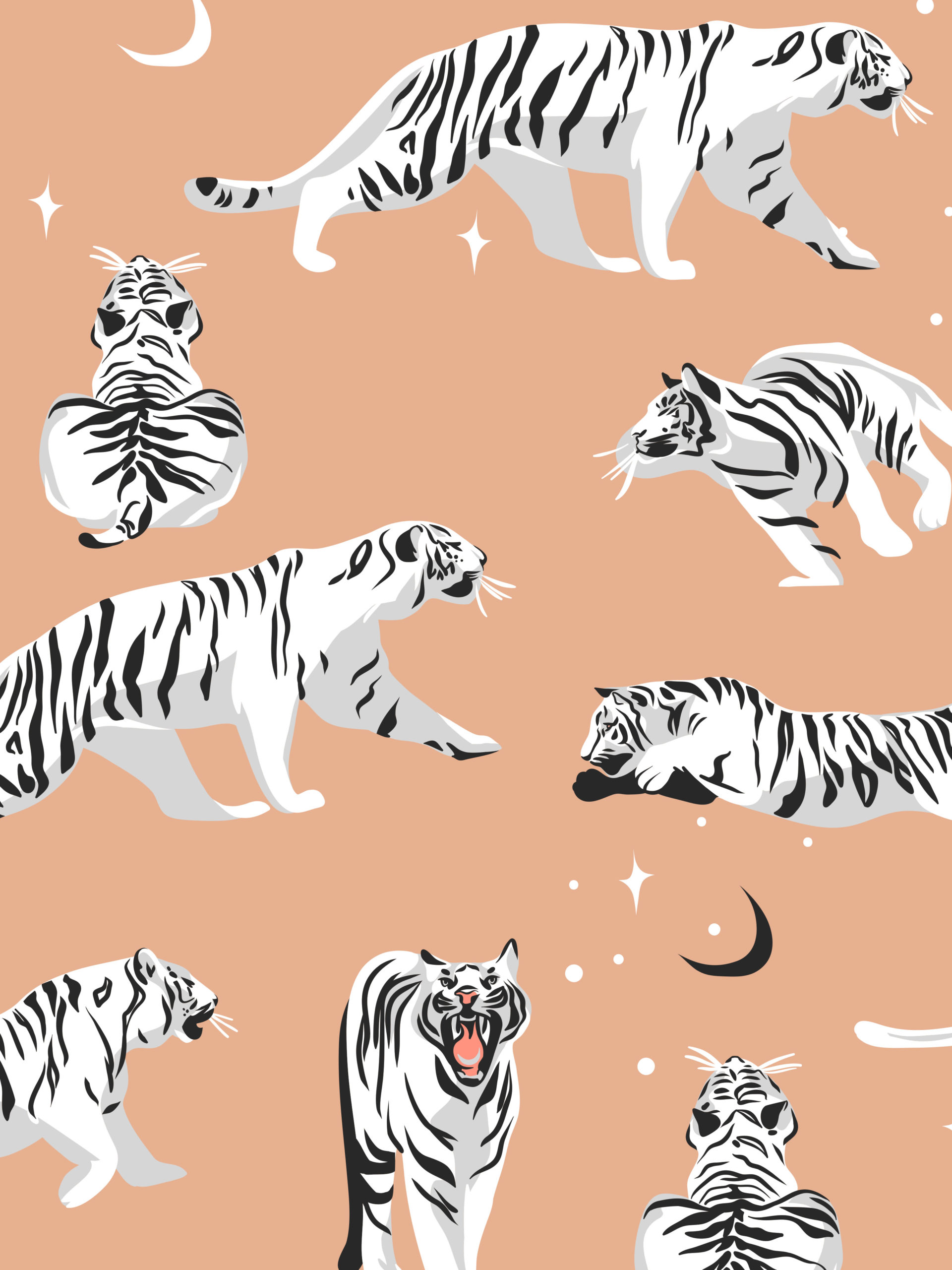n143_M Papel pintado de tigres blancos con fondo beige