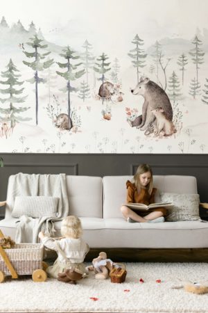 Papel pintado de la familia de osos, bosque, acuarela