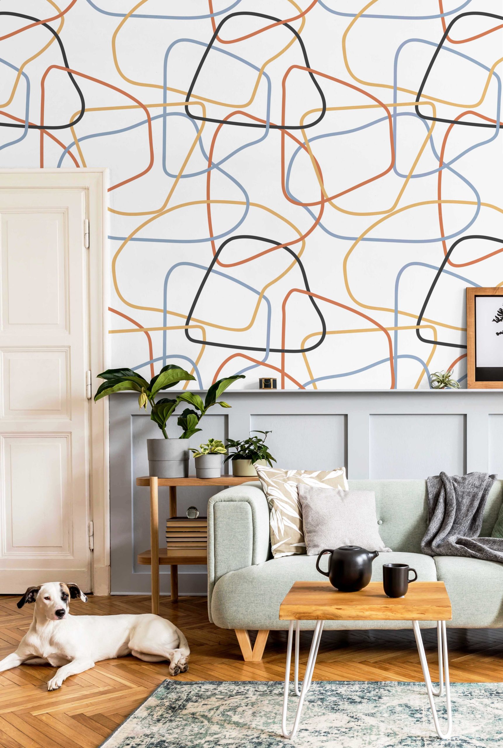 Wallpaper drawing colorful lines living room