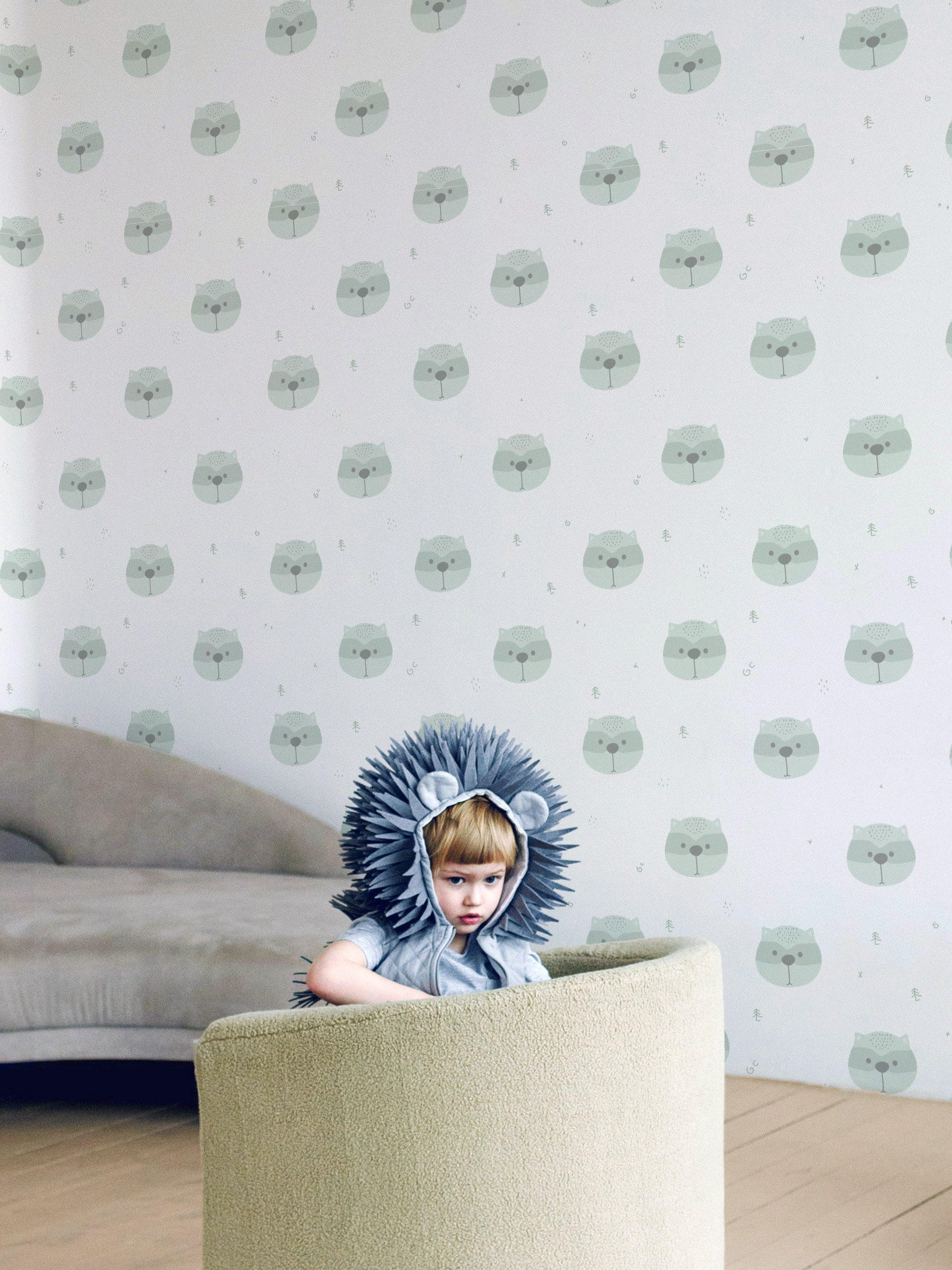 N166-2 Raccoon Green Kids Wallpaper