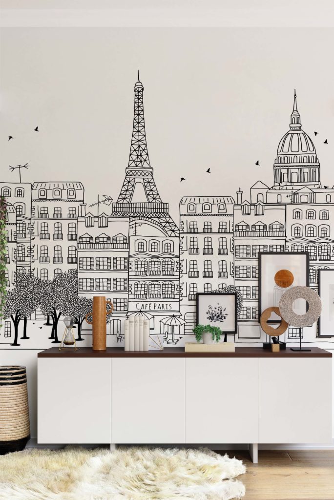 papier peint n173 dessin Paris noir et blanc salon