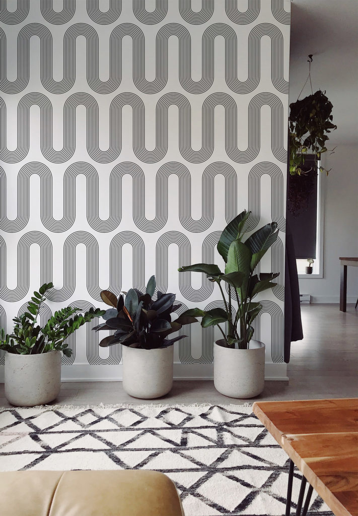 papier peint lignes courbes en noir et blanc