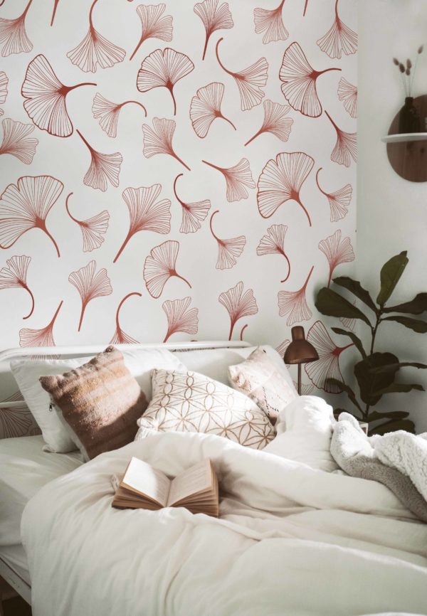 papel pintado n178 hojas de gingko fondo blanco terracota dormitorio