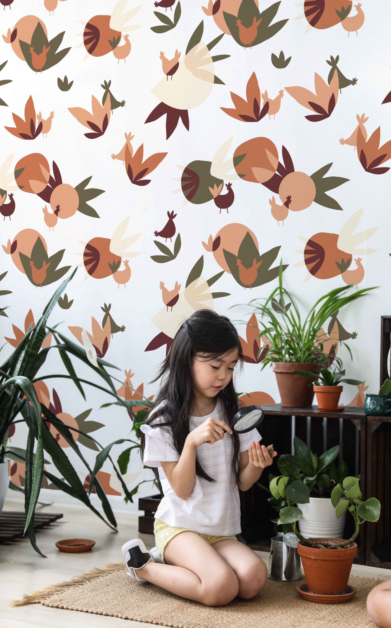 Wallpaper chickens and plant shapes