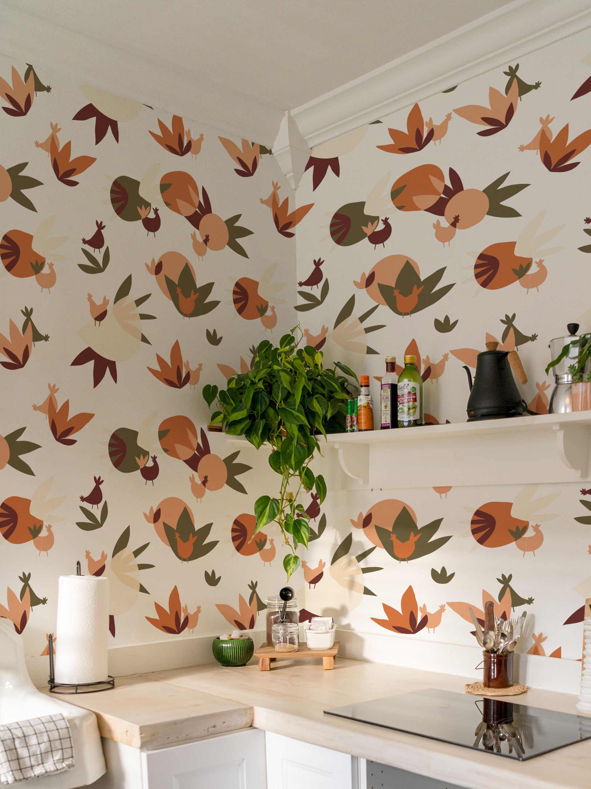 Wallpaper chickens and plant shapes