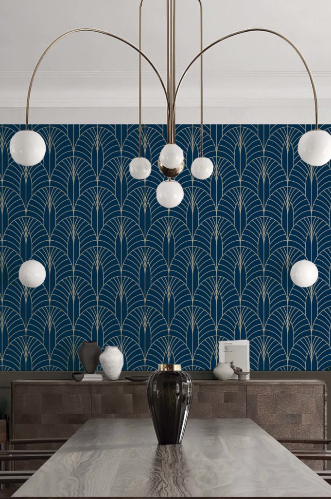 papier peint palme bleue ambiance art déco