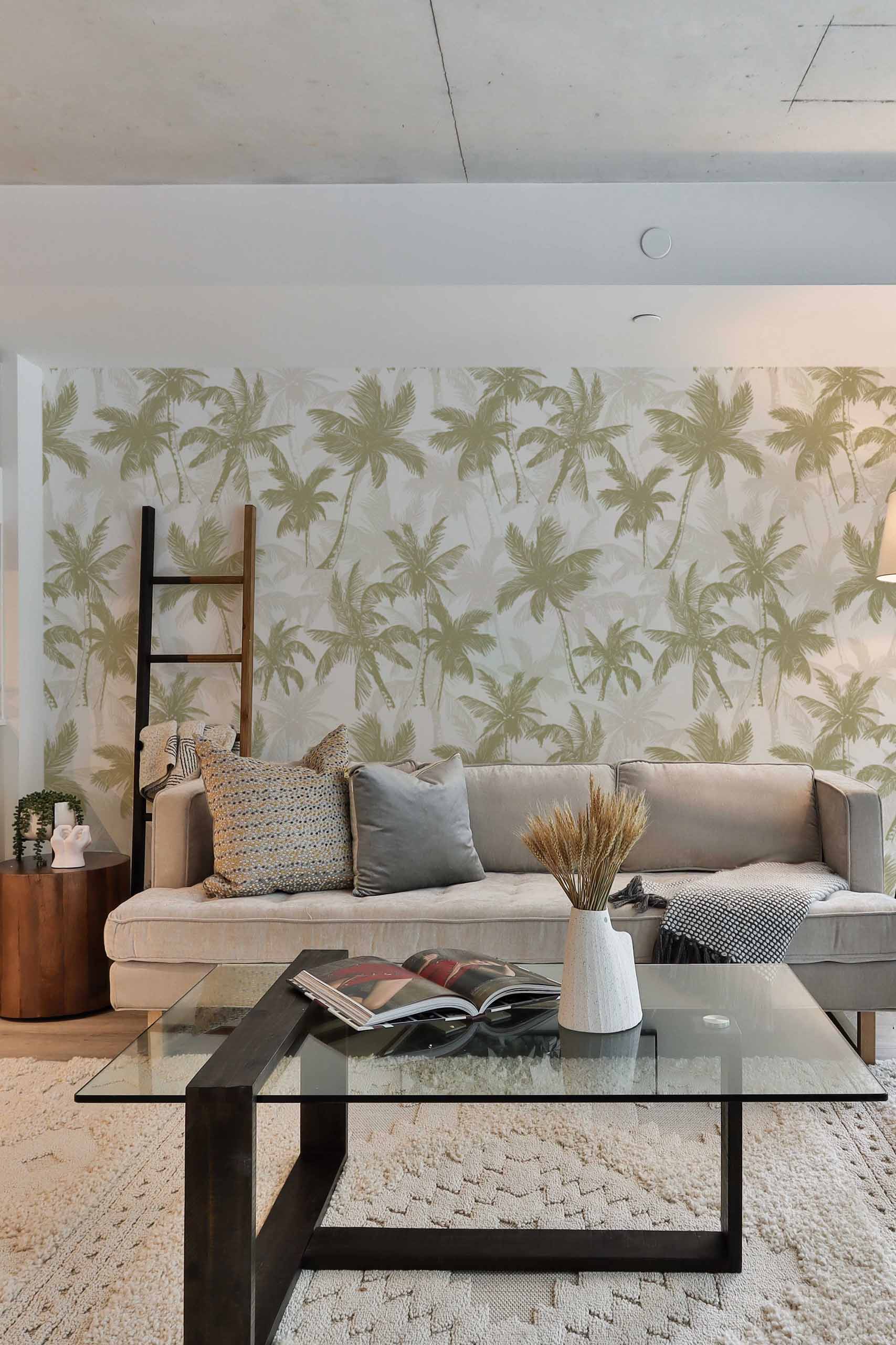 N274 papier peint cocotier kaki salon