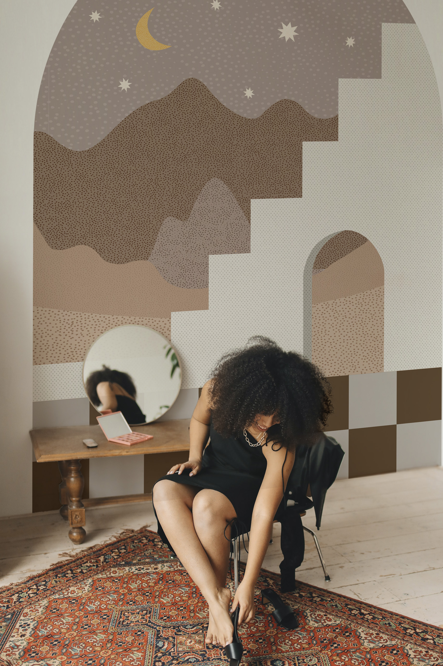 Wallpaper N271 geometric headboard night desert brown tones entrance