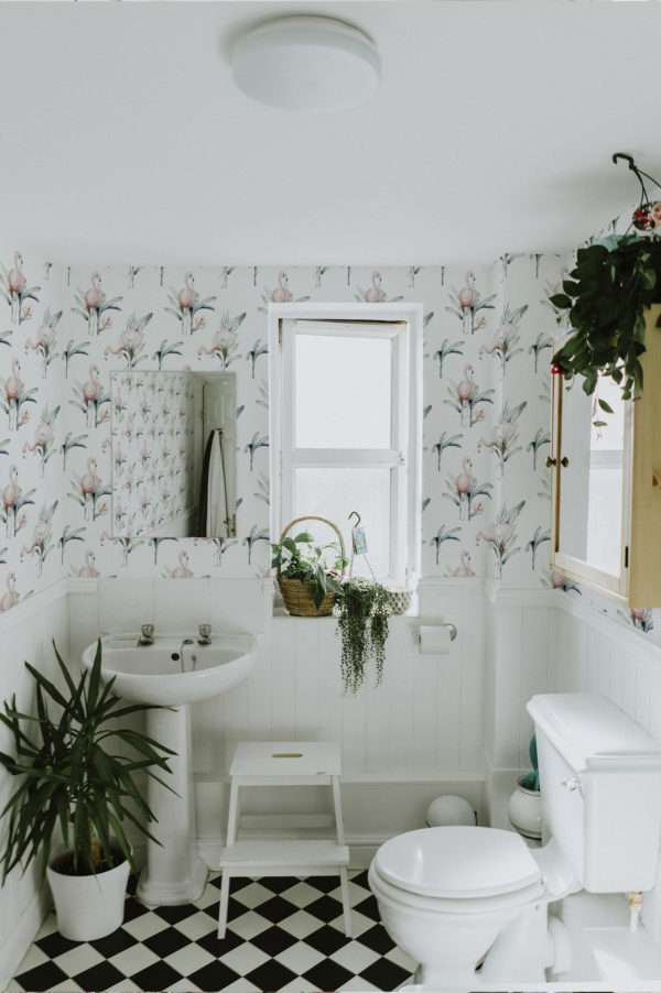 salle de bain papier peint flamant rose animaux nature