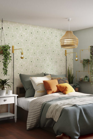 N302 papier peint fleurs vintage colorees vert fond blanc chambre