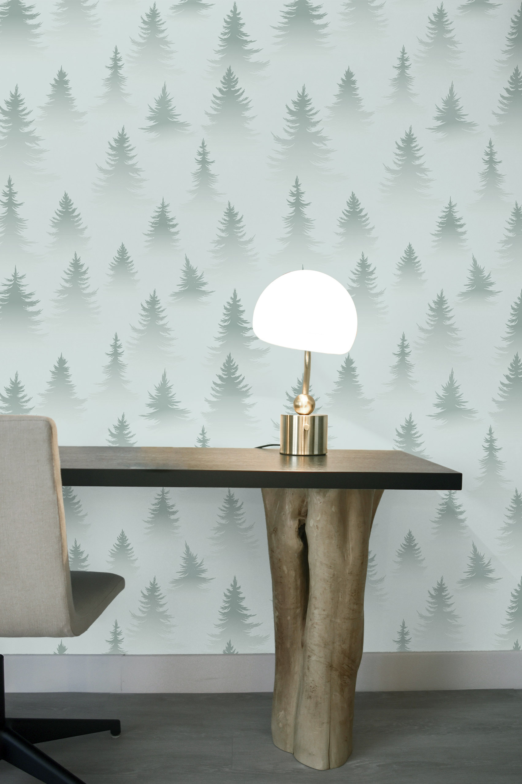 papier peint n325 sapins dans la brume vert dans un bureau à décoration bucolique et boisée