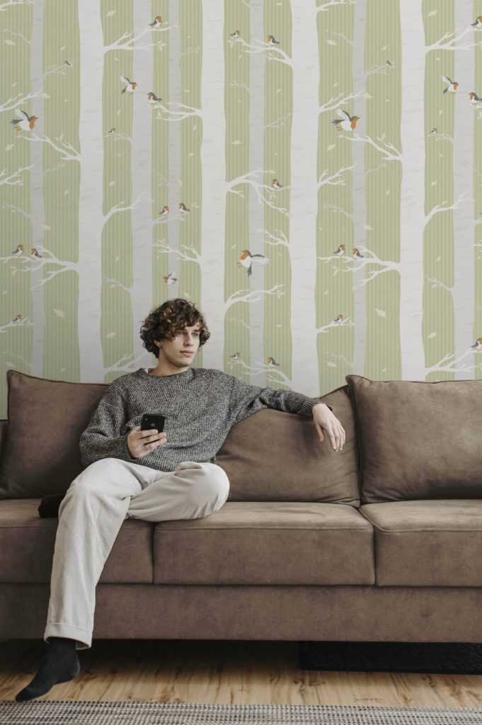 salon papier peint foret bouleau vert tendance