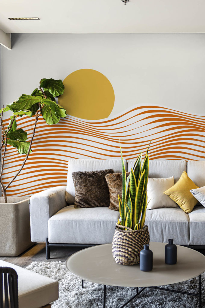 salon papier peint orange panoramique theme mer