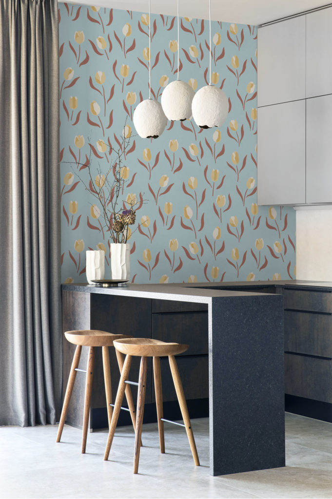 cuisine bleu papier peint floral tulipe tendance
