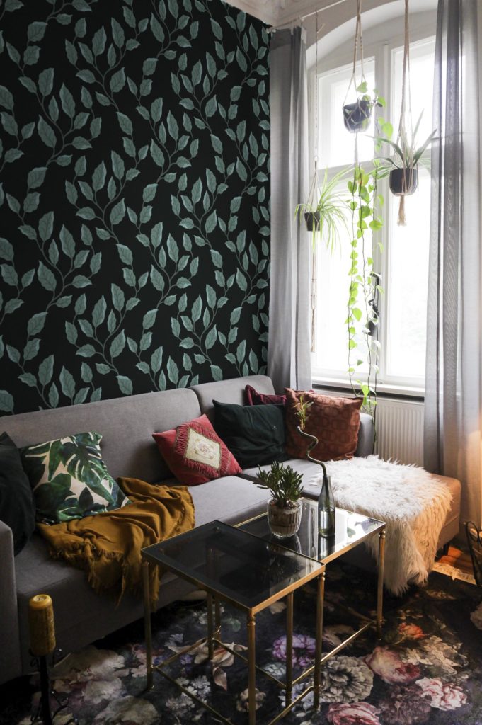 papel pintado sala verde oscuro hiedra encanto planta tendencia