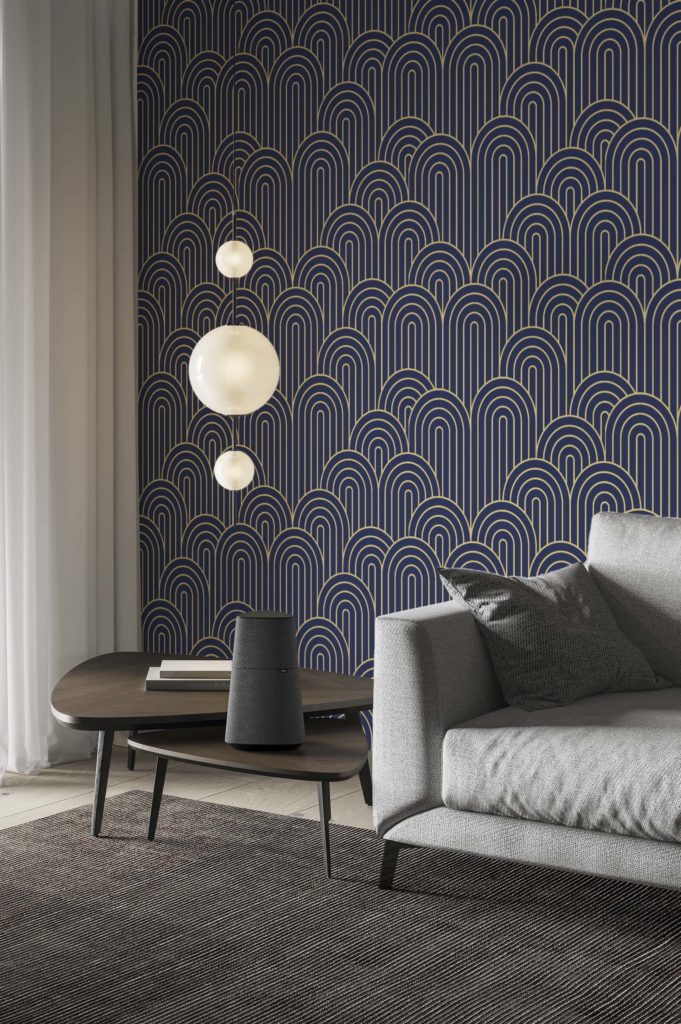 salon bleu papier peint arche semi circulaire art déco géométrique