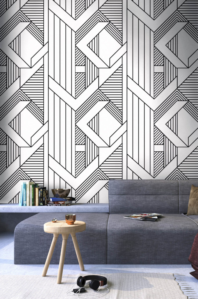 salon noir papier peint géométrie abstraite art déco
