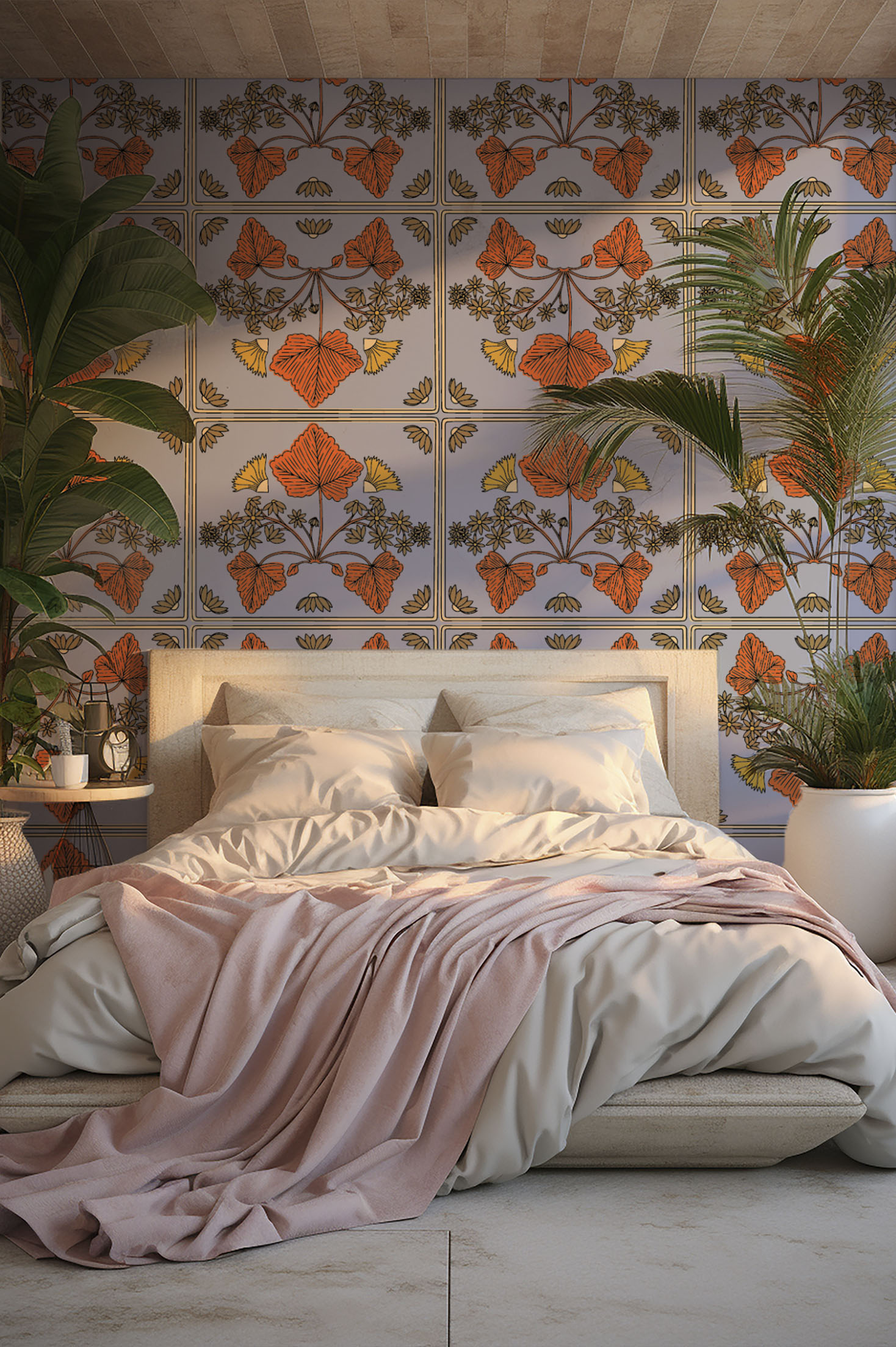 chambre rouge papier peint nature art nouveau vintage