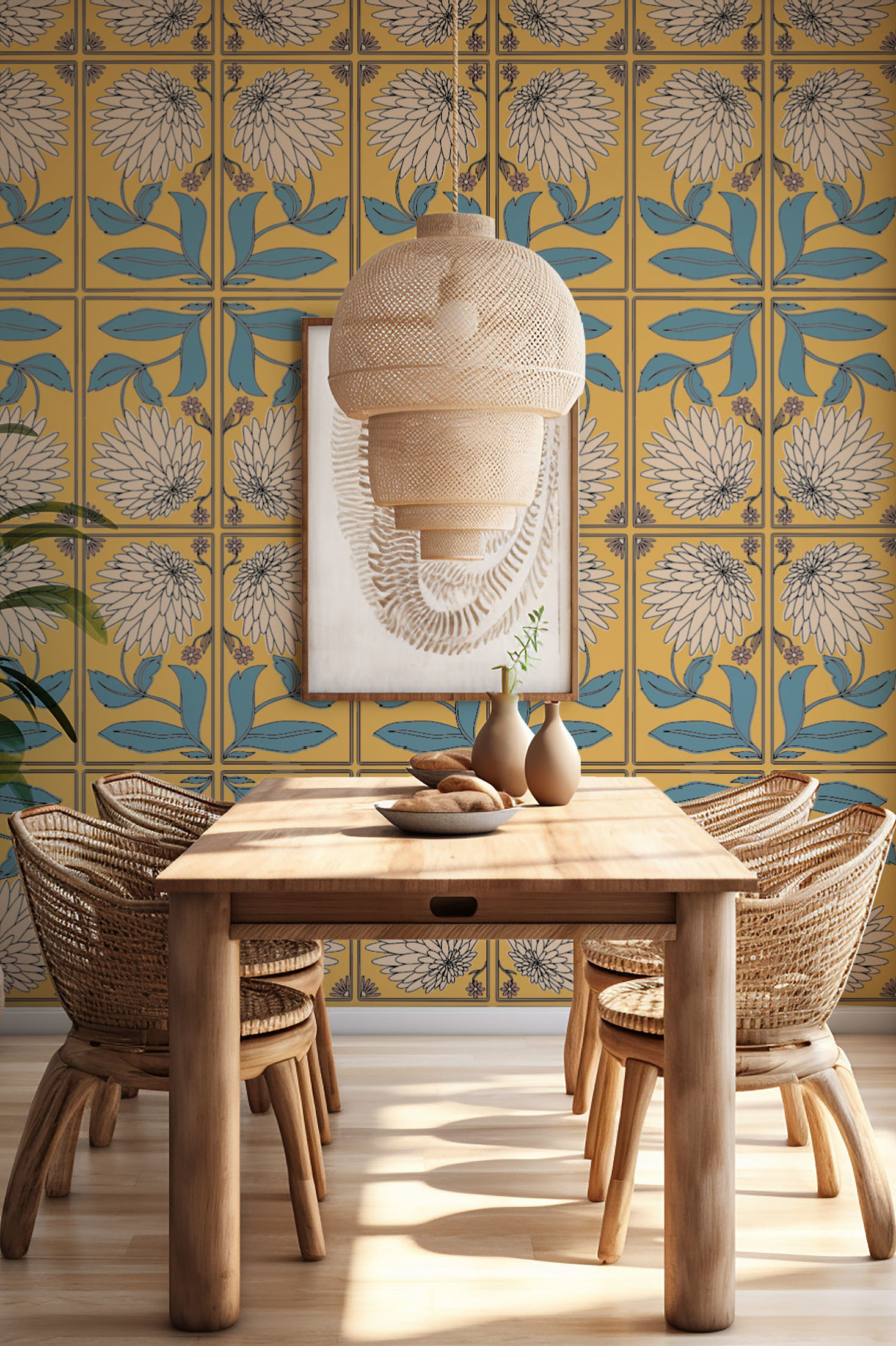 salon orange papier peint chrysanthème art nouveau vintage floral